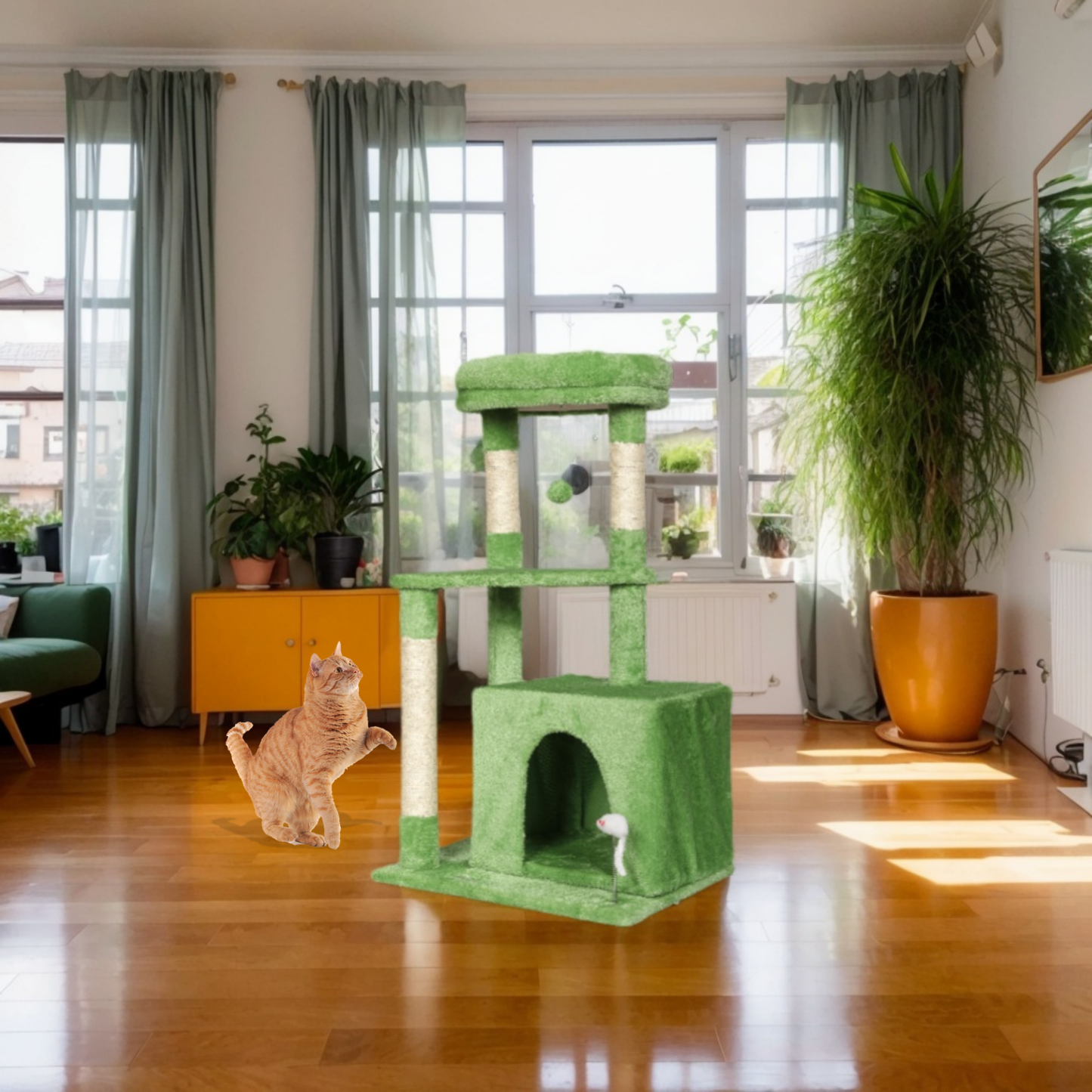 Ultralark Tree Tower Scratching Posts Multilevel Cat Climbing House with Condos & Ladder Cat Activity Centre for Indoor Cats, Green