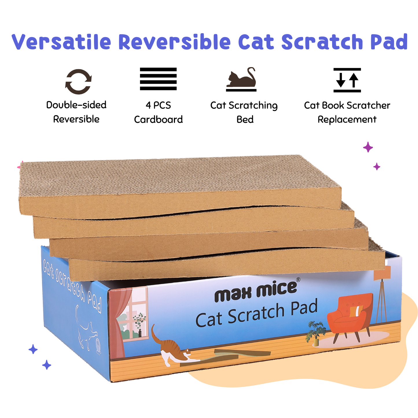Ultralark Cat Scratching Board with Box, 4 Layers Design Cat Scratching Pad, Reversible Cat Scratcher Cardboard Lounge Bed, Corrugated Cardboard Cat Scratcher for Indoor Kitty