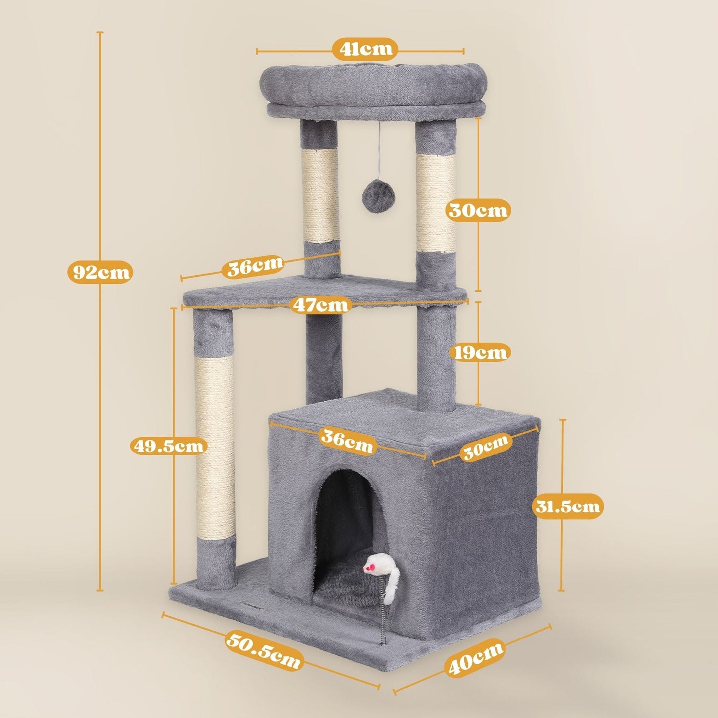 Ultralark Tree Tower Scratching Posts Multilevel Cat Climbing House with Condos & Ladder Cat Activity Centre for Indoor Cats, Grey