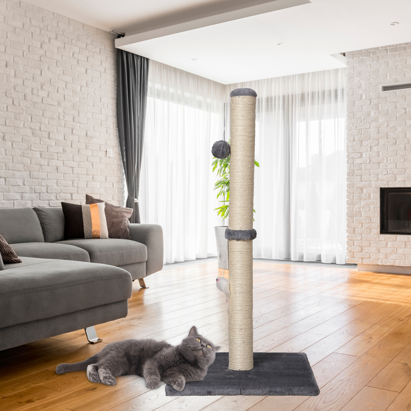 Ultralark Cat Scratching Post – Tall Sisal Scratch Tower with Hanging Ball & Mouse, Sturdy Base for Kittens & Adult Cats (Grey)