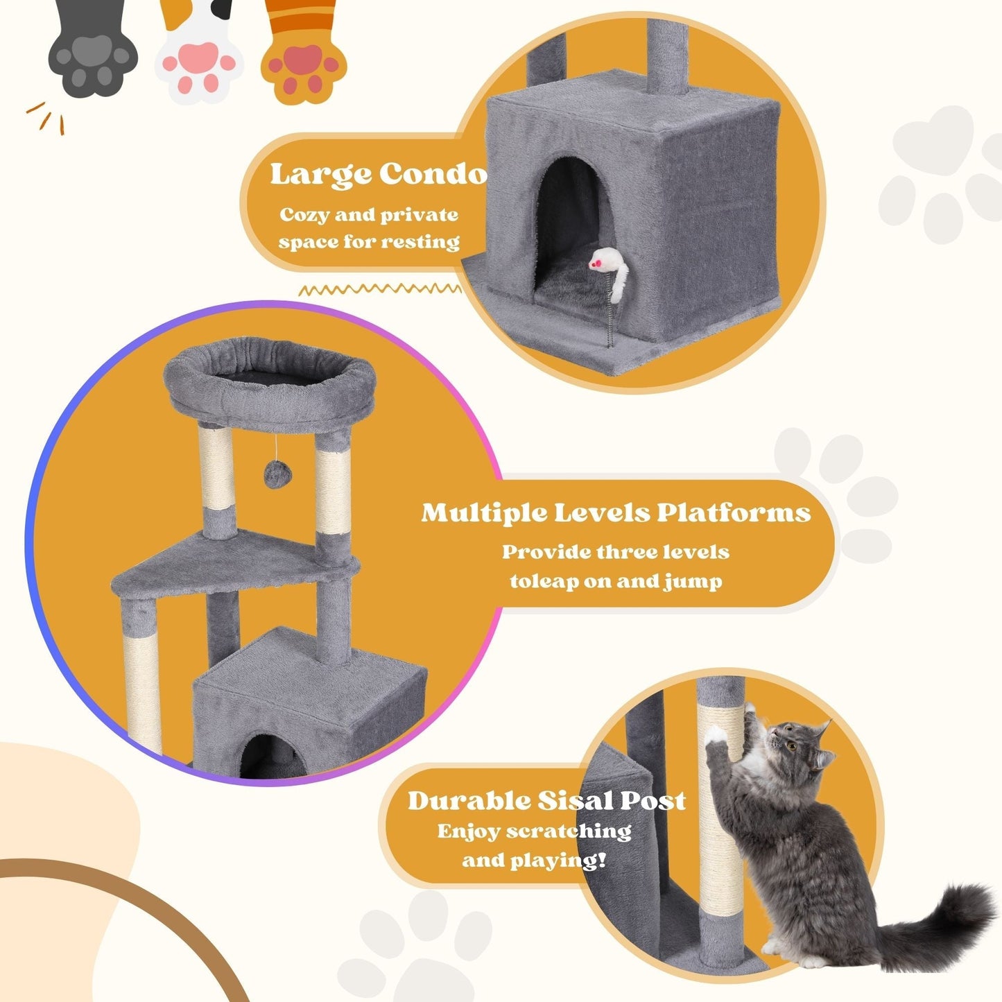 Ultralark Tree Tower Scratching Posts Multilevel Cat Climbing House with Condos & Ladder Cat Activity Centre for Indoor Cats, Grey