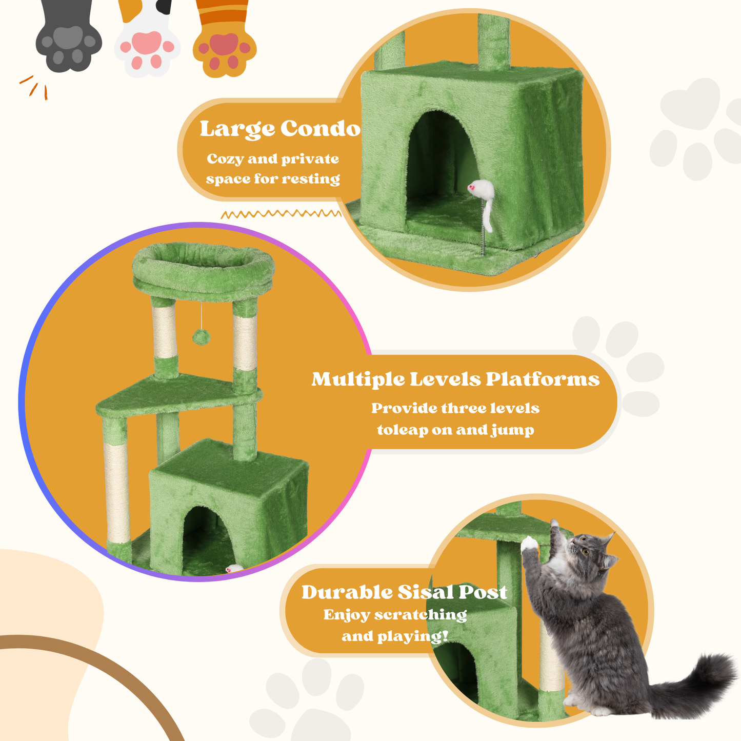 Ultralark Tree Tower Scratching Posts Multilevel Cat Climbing House with Condos & Ladder Cat Activity Centre for Indoor Cats, Green