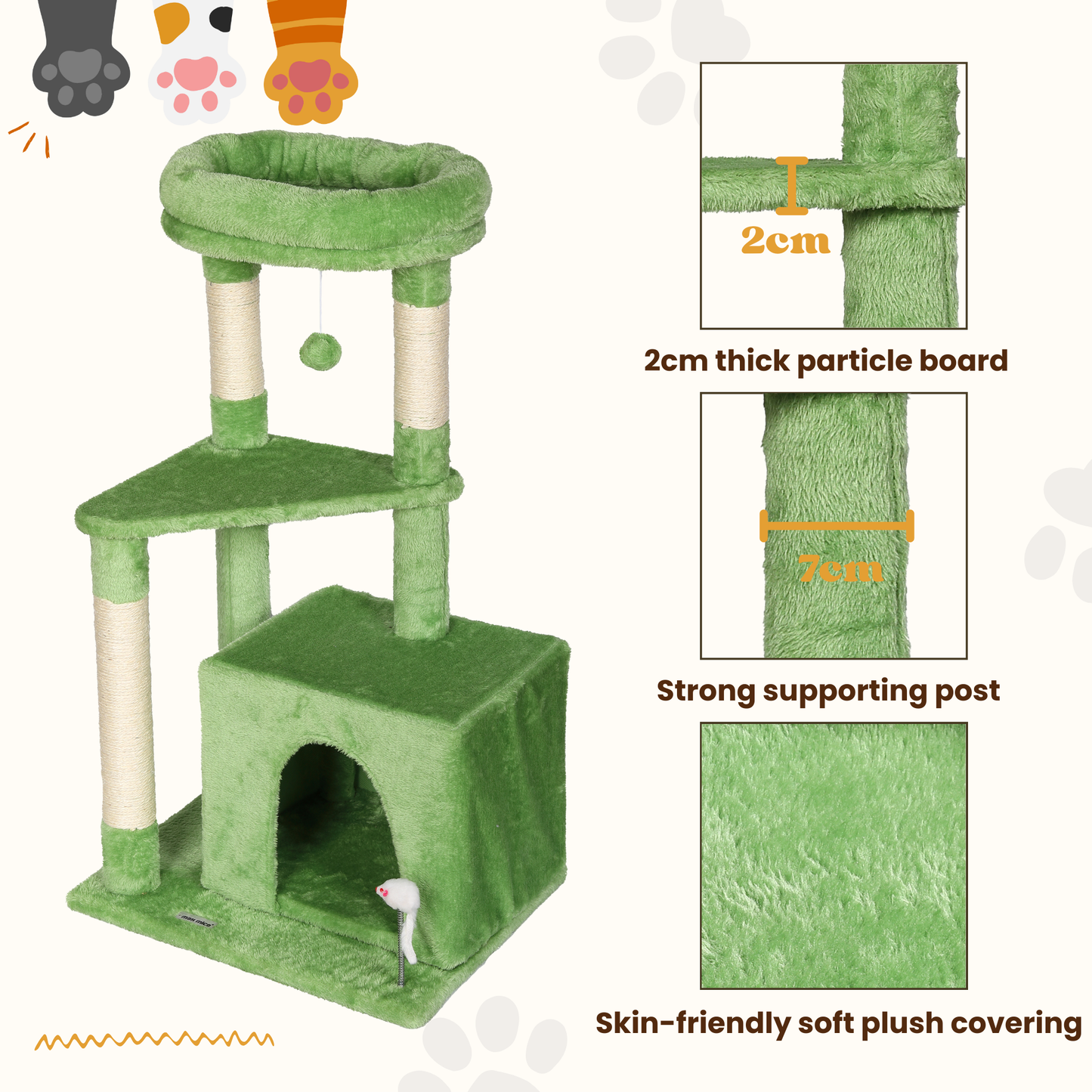 Ultralark Tree Tower Scratching Posts Multilevel Cat Climbing House with Condos & Ladder Cat Activity Centre for Indoor Cats, Green