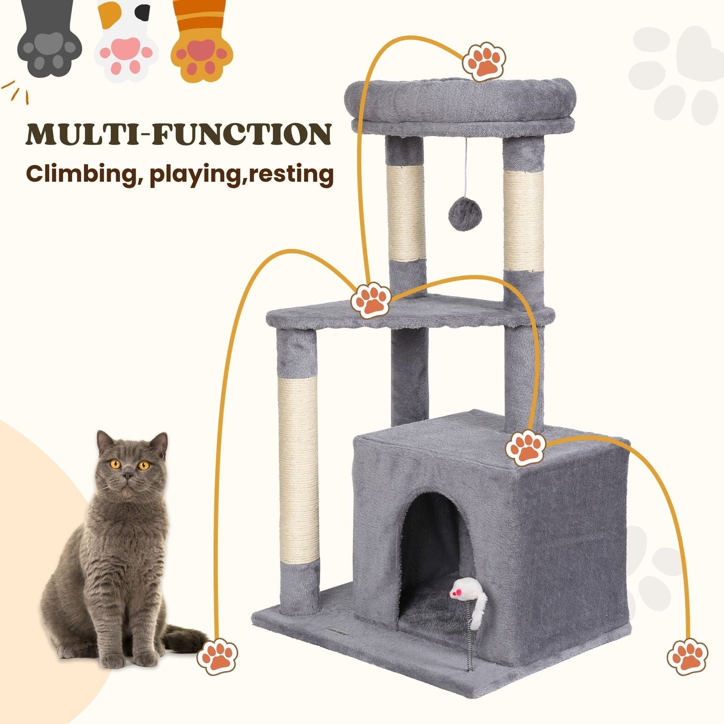 Ultralark Tree Tower Scratching Posts Multilevel Cat Climbing House with Condos & Ladder Cat Activity Centre for Indoor Cats, Grey