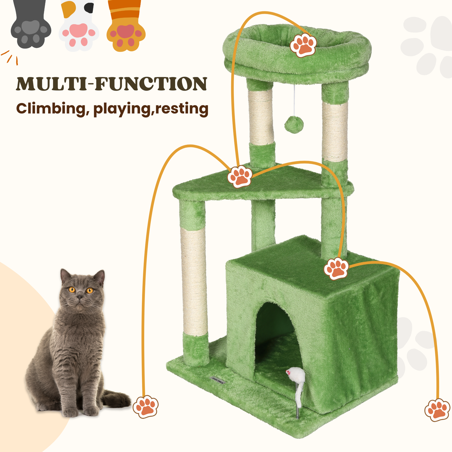 Ultralark Tree Tower Scratching Posts Multilevel Cat Climbing House with Condos & Ladder Cat Activity Centre for Indoor Cats, Green