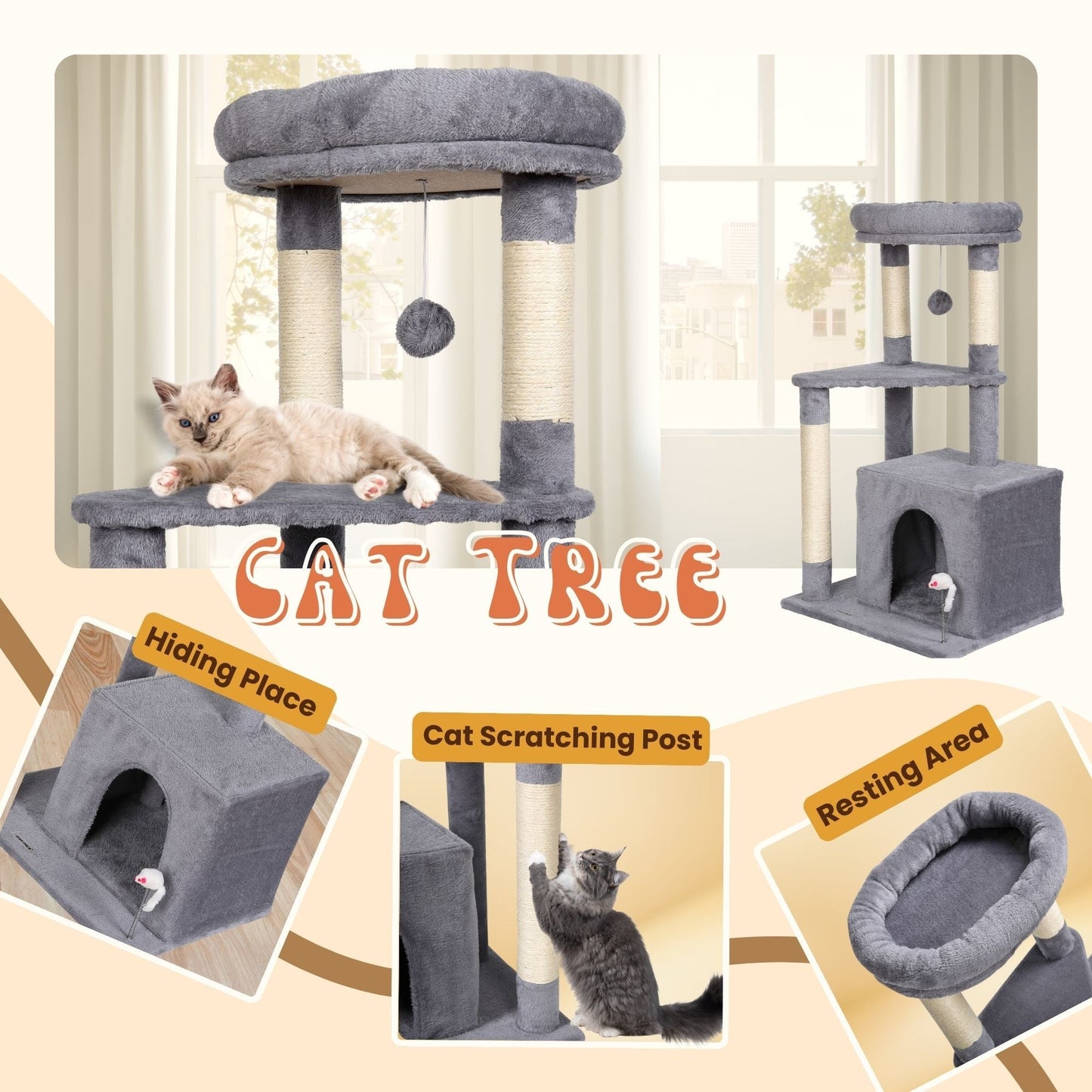 Ultralark Tree Tower Scratching Posts Multilevel Cat Climbing House with Condos & Ladder Cat Activity Centre for Indoor Cats, Grey