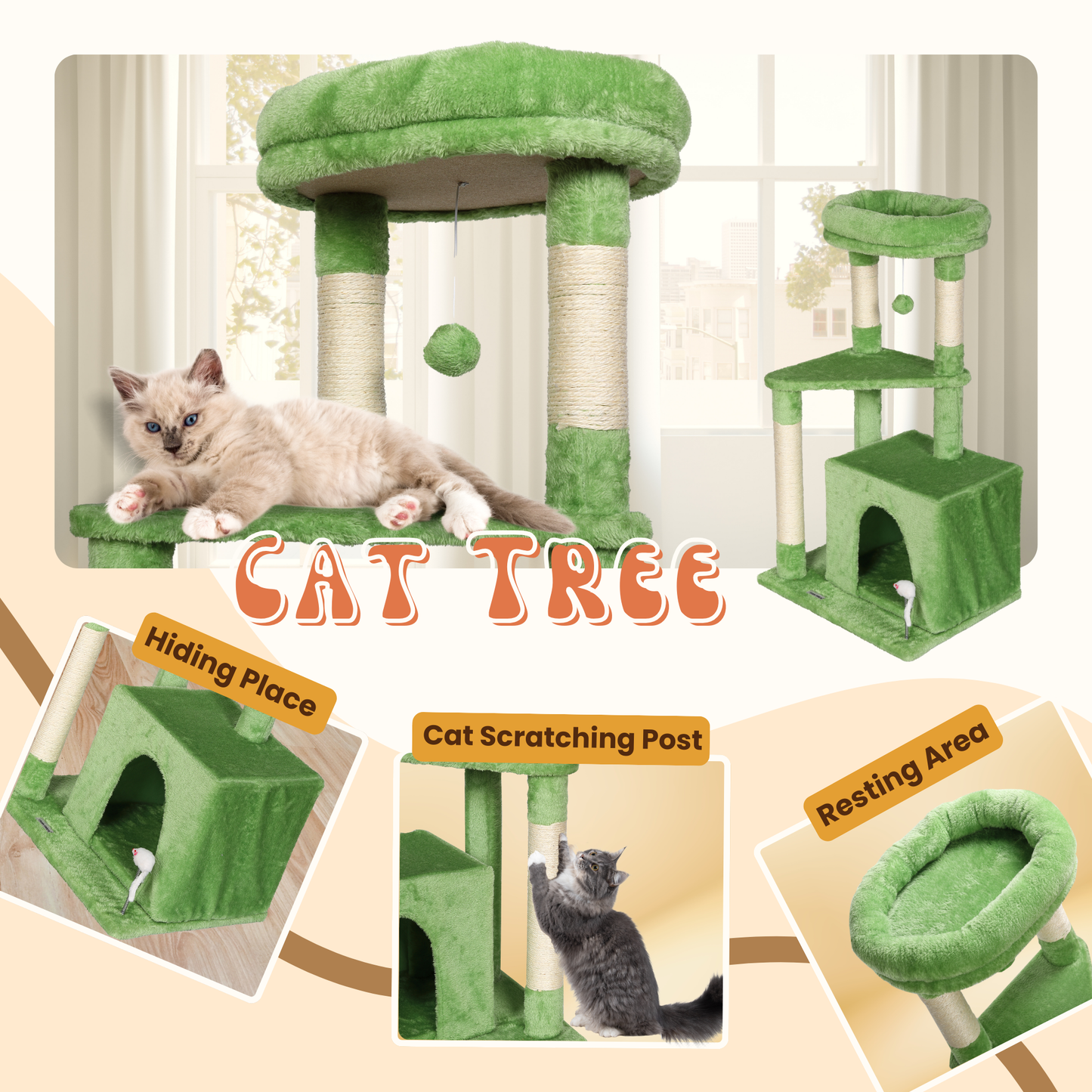 Ultralark Tree Tower Scratching Posts Multilevel Cat Climbing House with Condos & Ladder Cat Activity Centre for Indoor Cats, Green