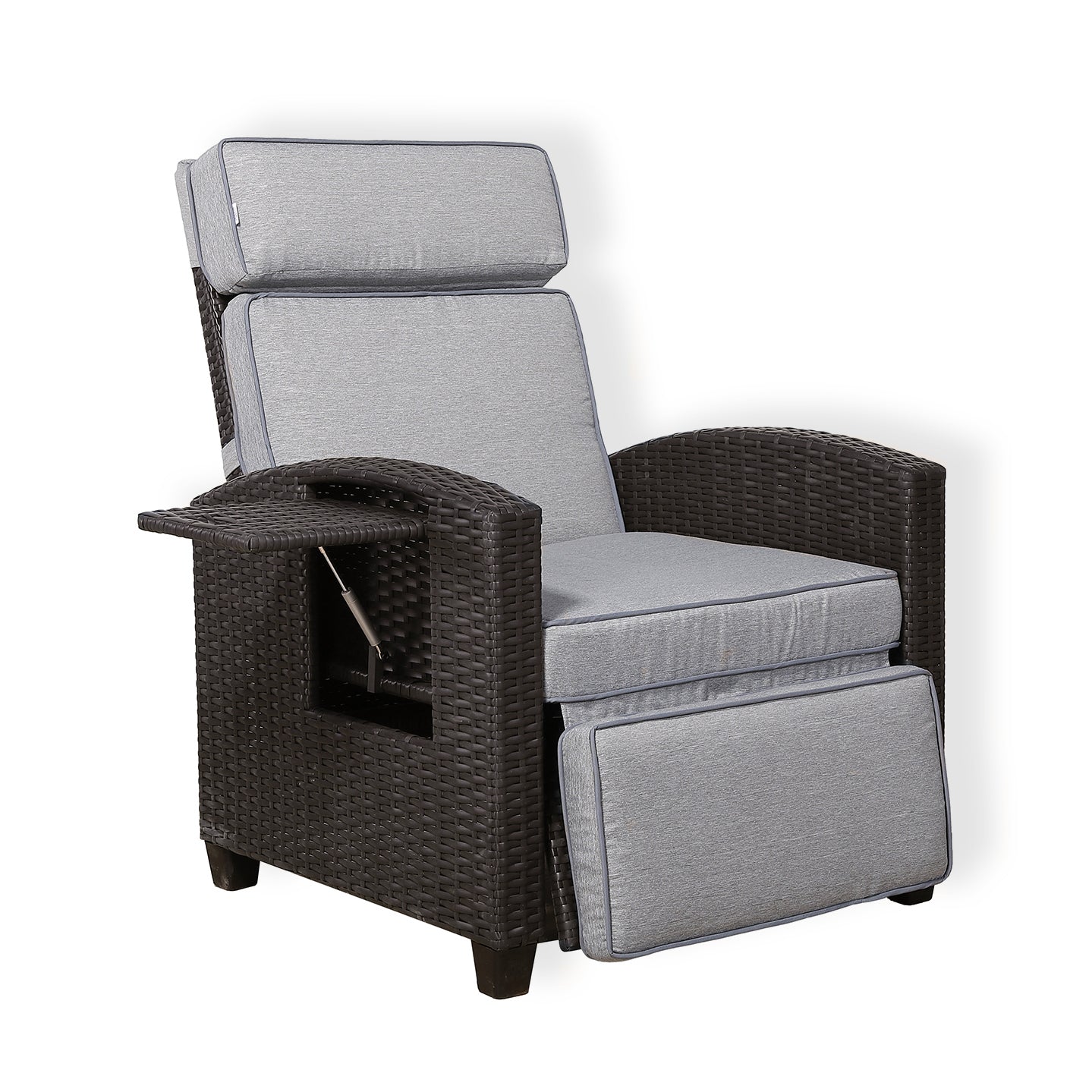 Ebony Range Reclining Armchair with Flip Table in Dark Brown Weave and Grey Cushion