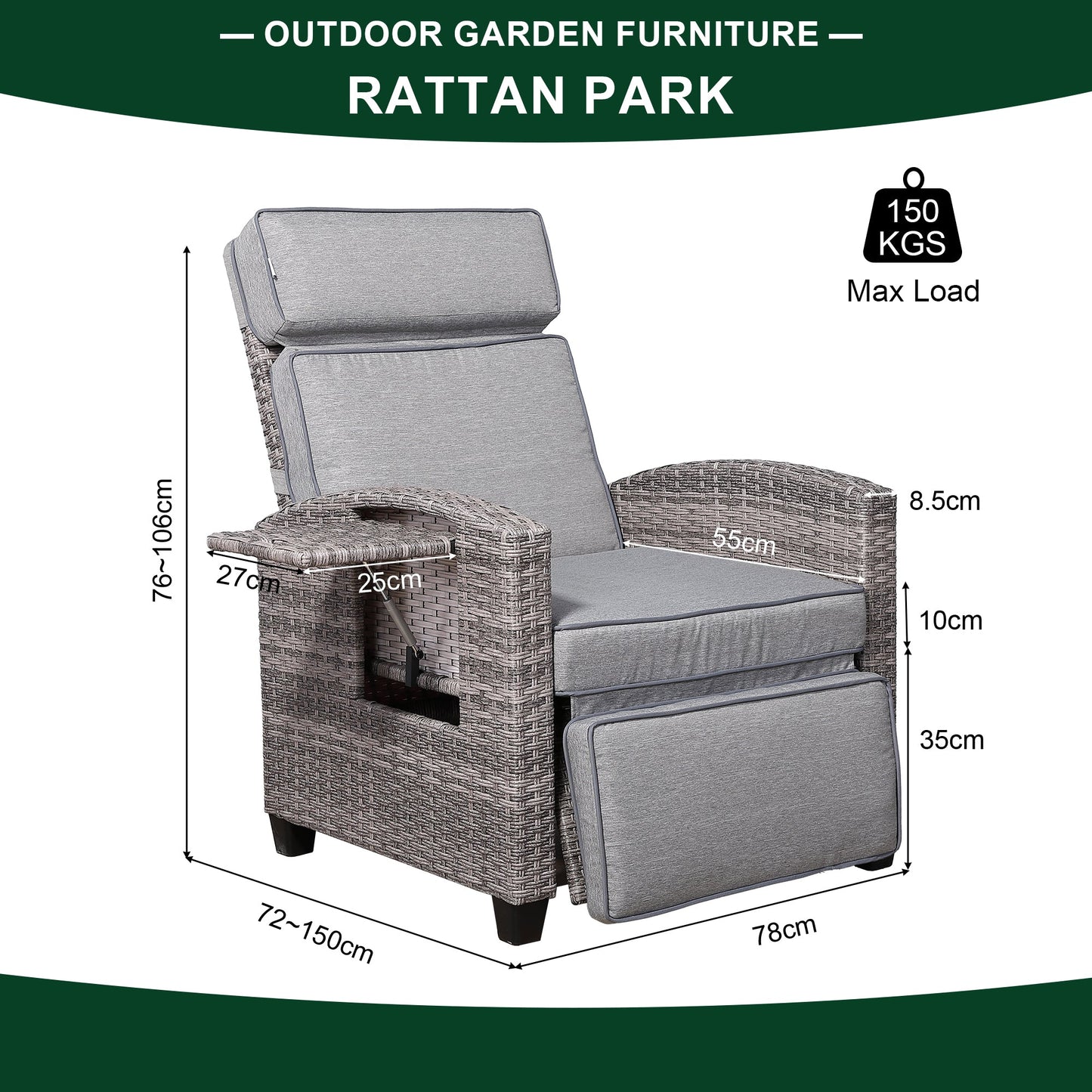 Rose Range Reclining Armchair with Flip Table in Grey Weave and Grey Cushion