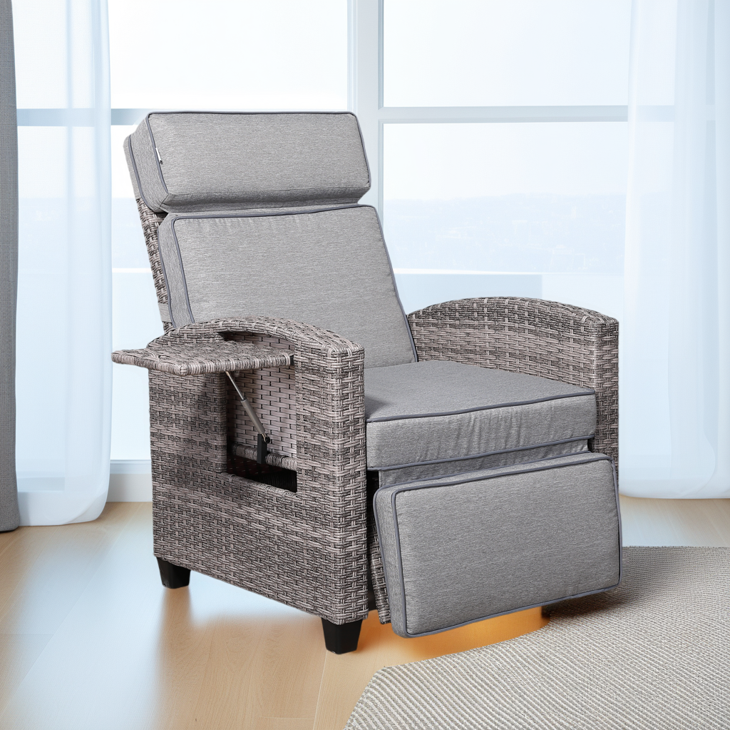 Rose Range Reclining Armchair with Flip Table in Grey Weave and Grey Cushion