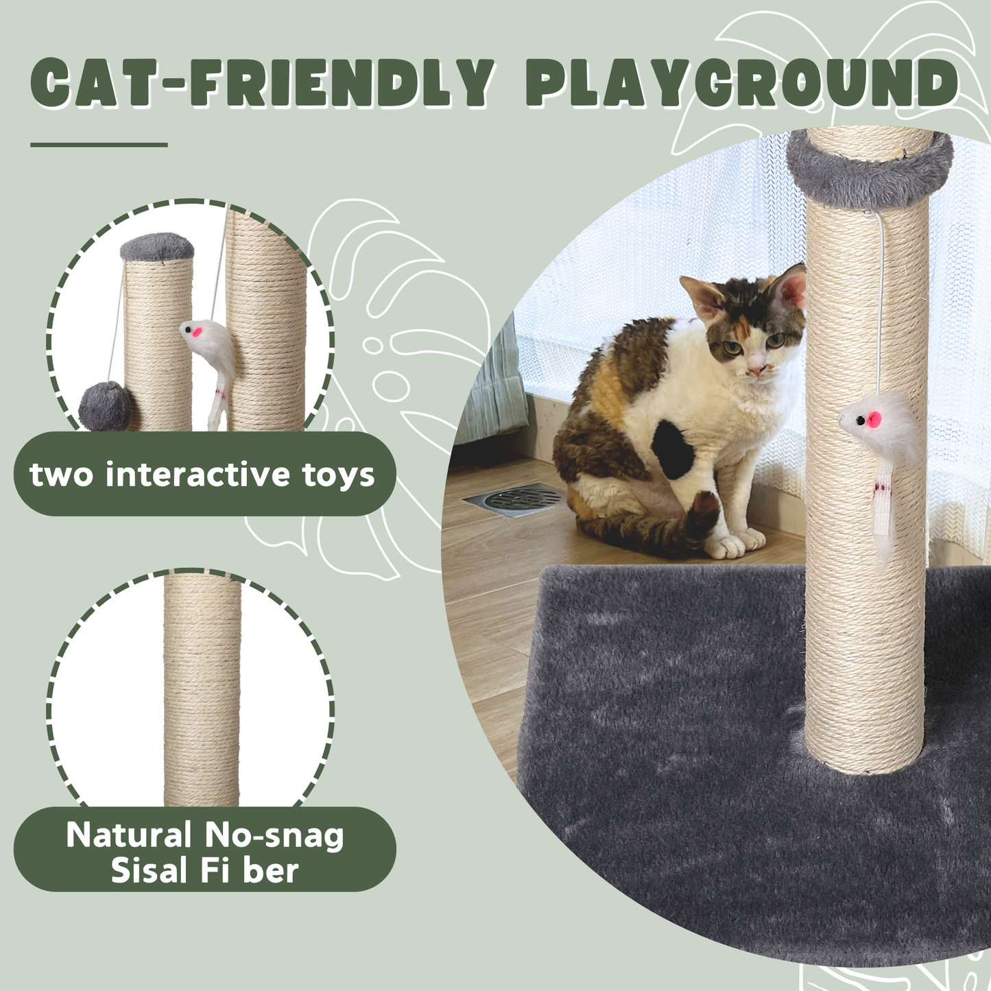 Ultralark Cat Scratching Post – Tall Sisal Scratch Tower with Hanging Ball & Mouse, Sturdy Base for Kittens & Adult Cats (Grey)