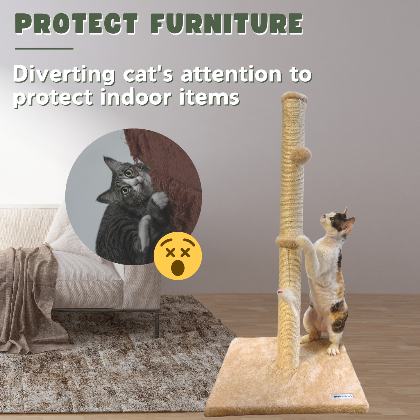 Ultralark Cat Scratching Post – Tall Sisal Scratch Tower with Hanging Ball & Mouse, Sturdy Base for Kittens & Adult Cats （Beige）