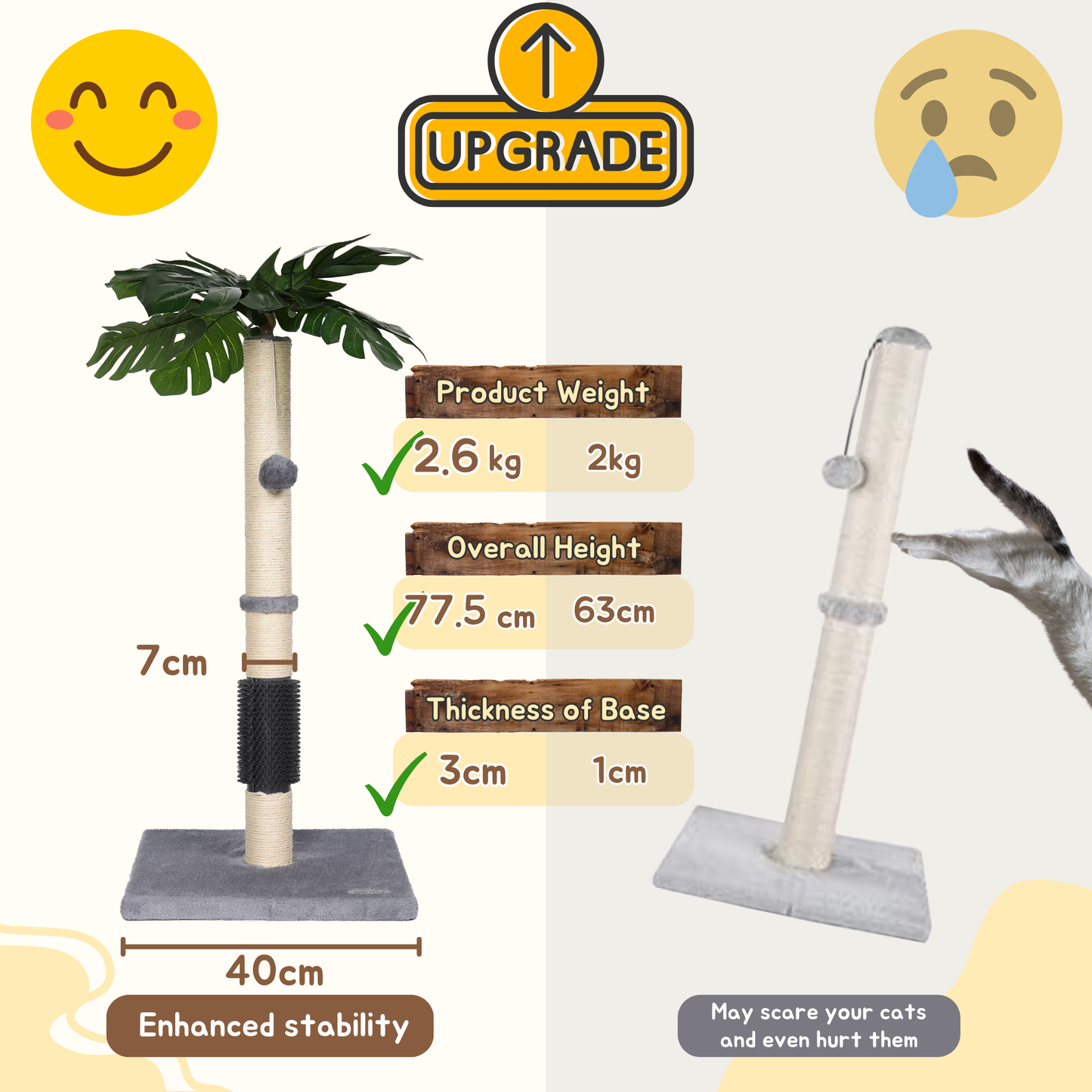 Ultralark Cat Scratching Post, 80cm Kitten Scratching Post with Premium Sisal Rope, Cute Cat Tree with Dangling and Spring Ball Toys for Indoor Small Cats(Monstera)