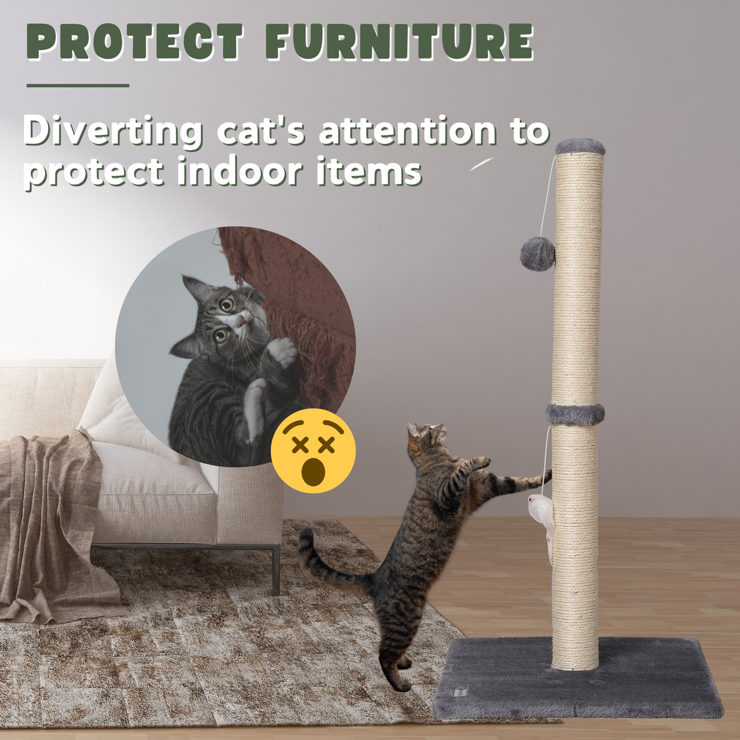 Ultralark Cat Scratching Post – Tall Sisal Scratch Tower with Hanging Ball & Mouse, Sturdy Base for Kittens & Adult Cats (Grey)