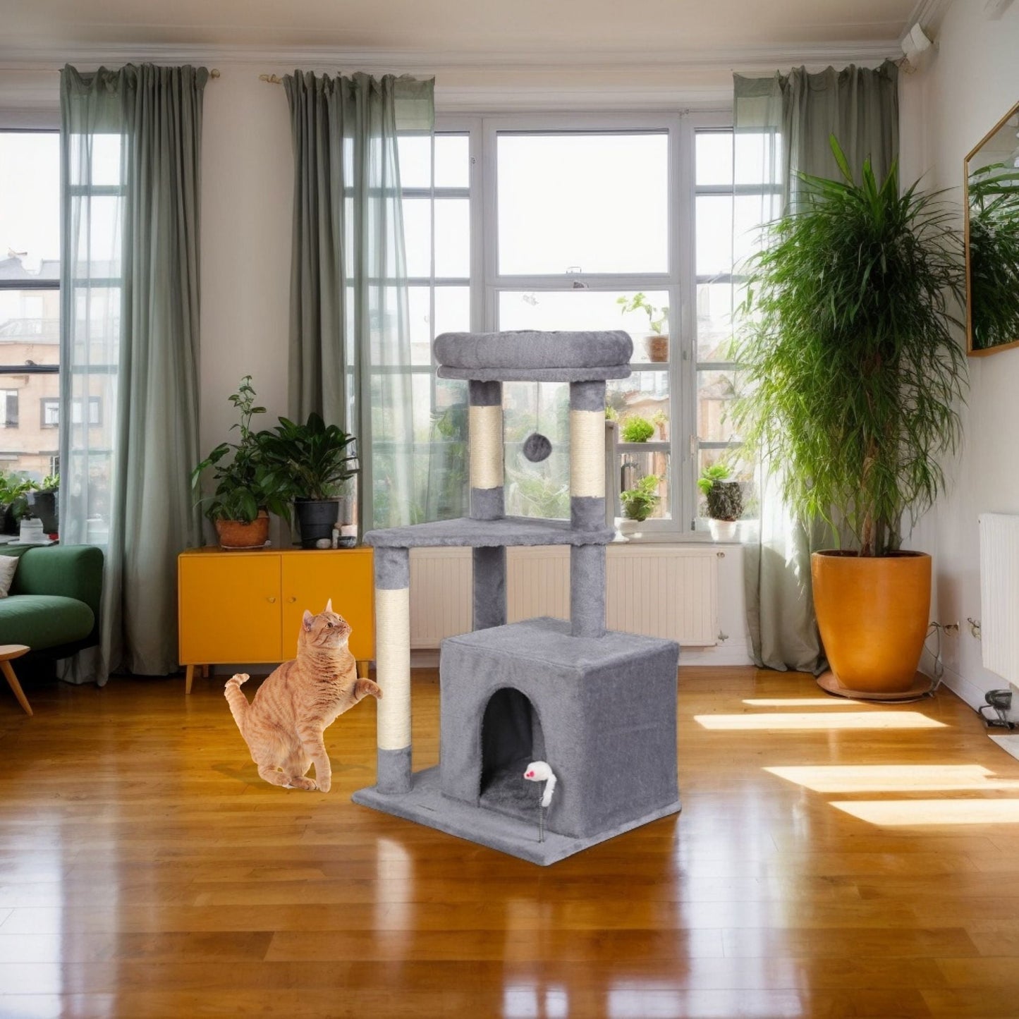 Ultralark Tree Tower Scratching Posts Multilevel Cat Climbing House with Condos & Ladder Cat Activity Centre for Indoor Cats, Grey