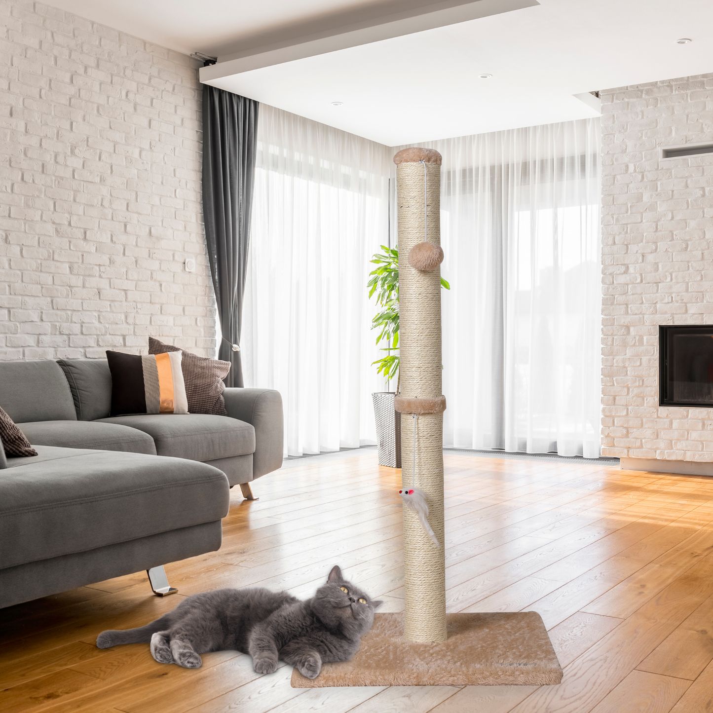 Ultralark Cat Scratching Post – Tall Sisal Scratch Tower with Hanging Ball & Mouse, Sturdy Base for Kittens & Adult Cats （Beige）