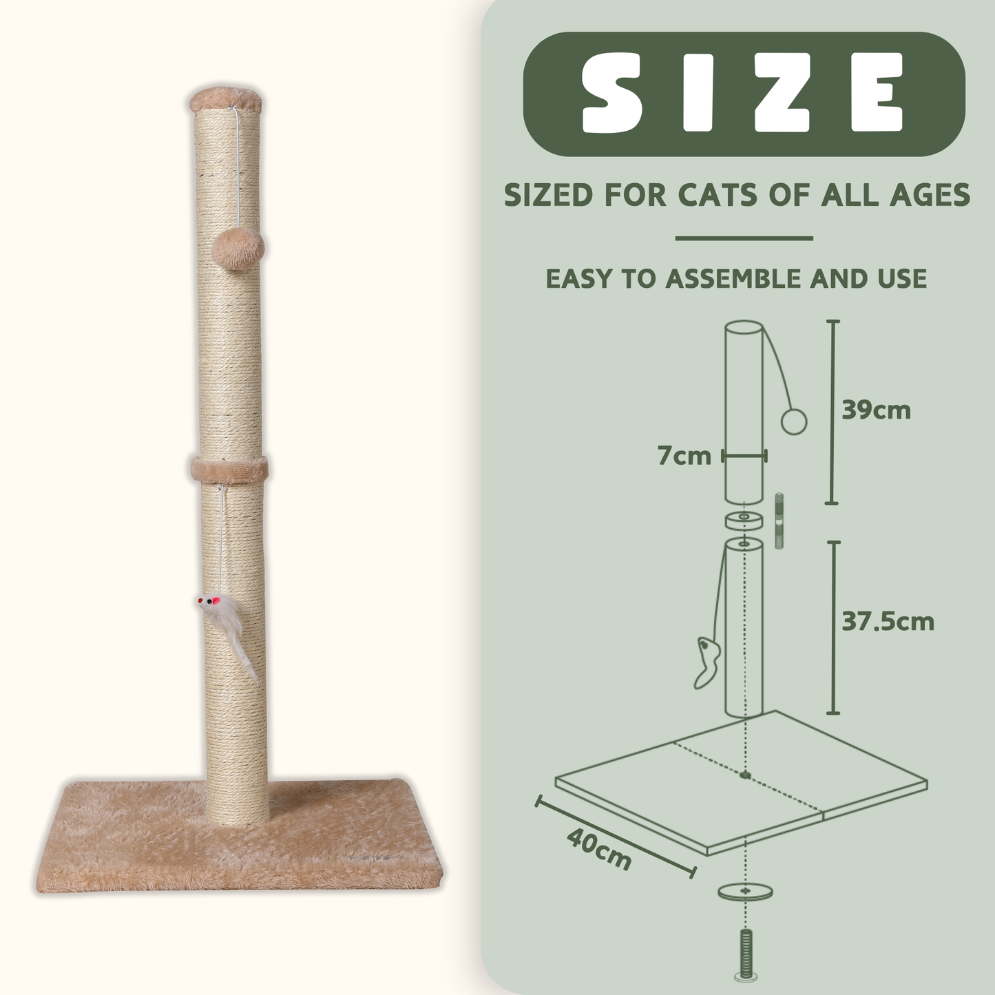 Ultralark Cat Scratching Post – Tall Sisal Scratch Tower with Hanging Ball & Mouse, Sturdy Base for Kittens & Adult Cats （Beige）