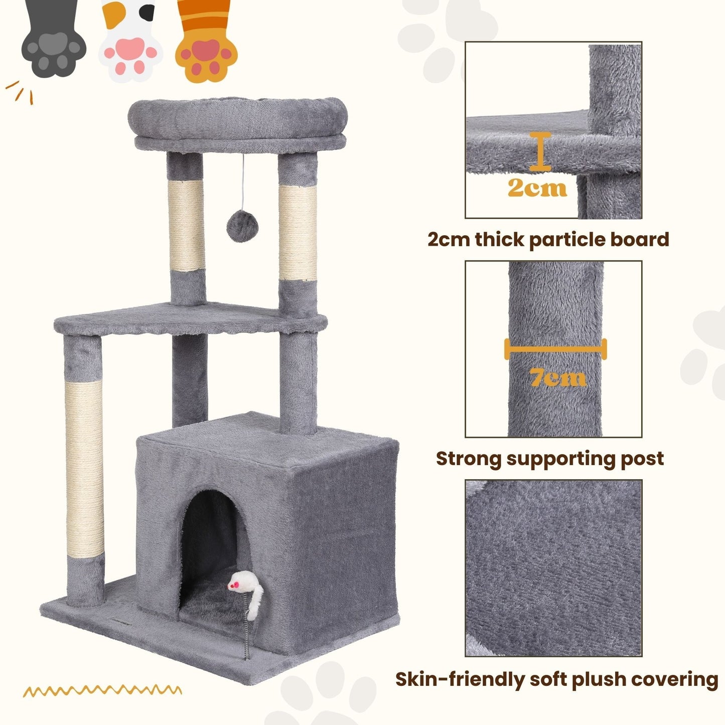 Ultralark Tree Tower Scratching Posts Multilevel Cat Climbing House with Condos & Ladder Cat Activity Centre for Indoor Cats, Grey