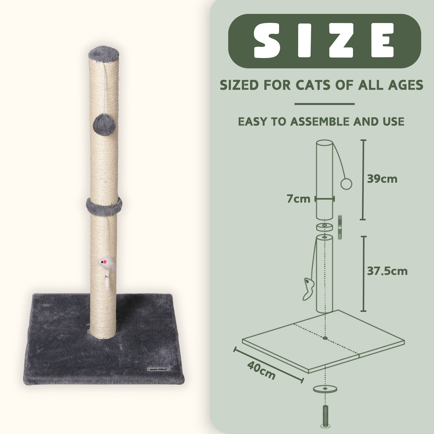 Ultralark Cat Scratching Post – Tall Sisal Scratch Tower with Hanging Ball & Mouse, Sturdy Base for Kittens & Adult Cats (Grey)