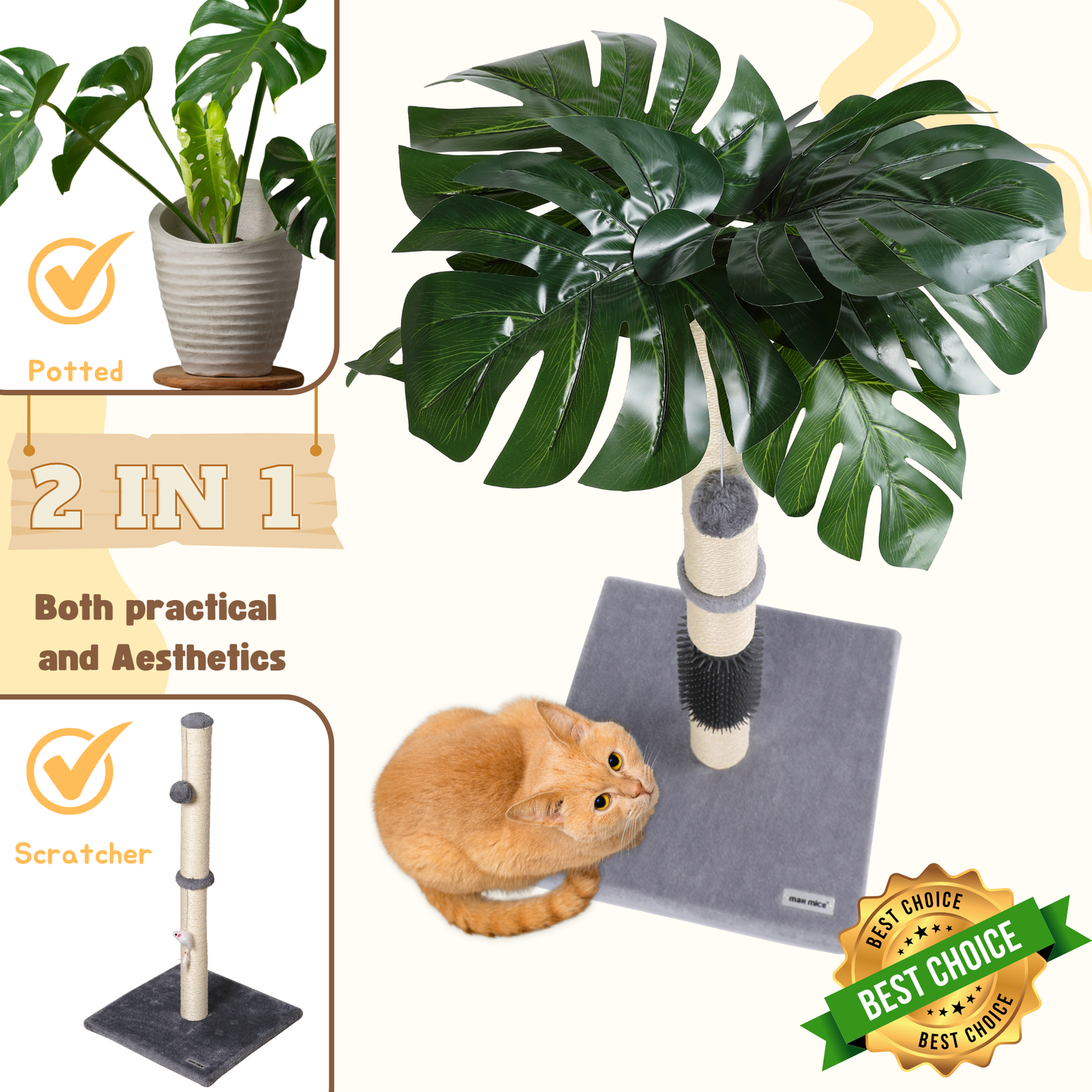 Ultralark Cat Scratching Post, 80cm Kitten Scratching Post with Premium Sisal Rope, Cute Cat Tree with Dangling and Spring Ball Toys for Indoor Small Cats(Monstera)