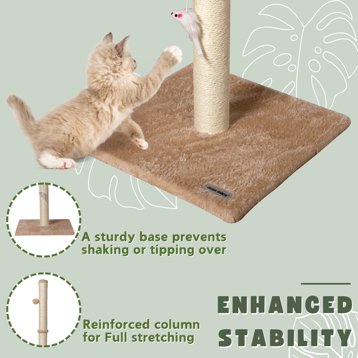 Ultralark Cat Scratching Post – Tall Sisal Scratch Tower with Hanging Ball & Mouse, Sturdy Base for Kittens & Adult Cats （Beige）
