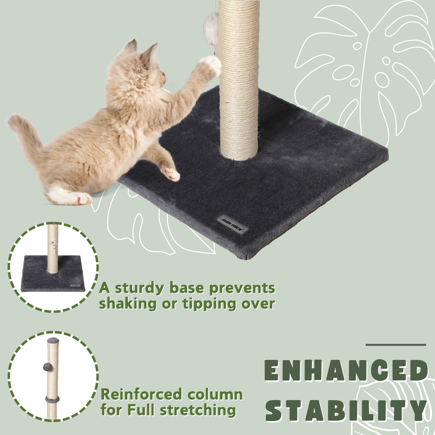 Ultralark Cat Scratching Post – Tall Sisal Scratch Tower with Hanging Ball & Mouse, Sturdy Base for Kittens & Adult Cats (Grey)