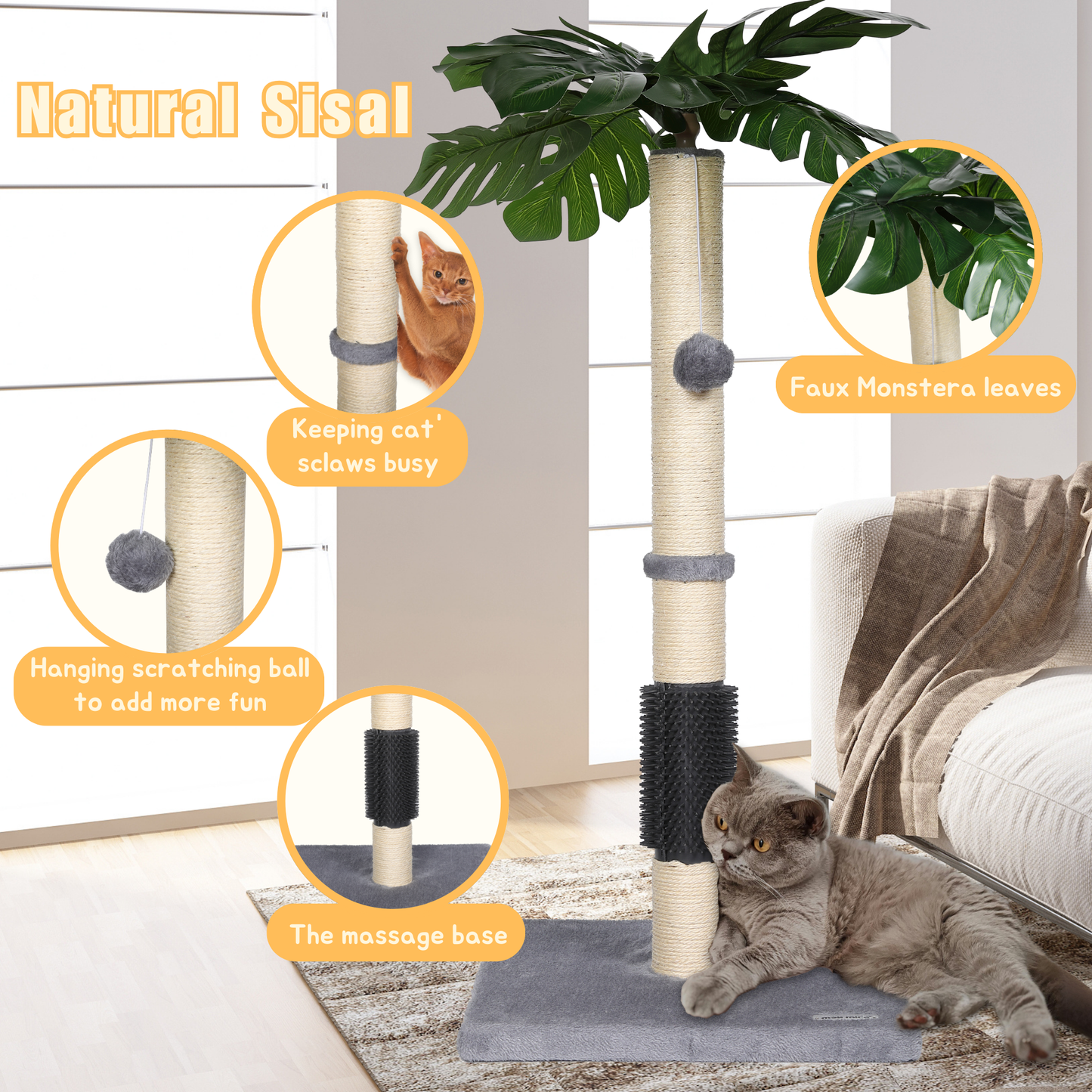 Ultralark Cat Scratching Post, 80cm Kitten Scratching Post with Premium Sisal Rope, Cute Cat Tree with Dangling and Spring Ball Toys for Indoor Small Cats(Monstera)