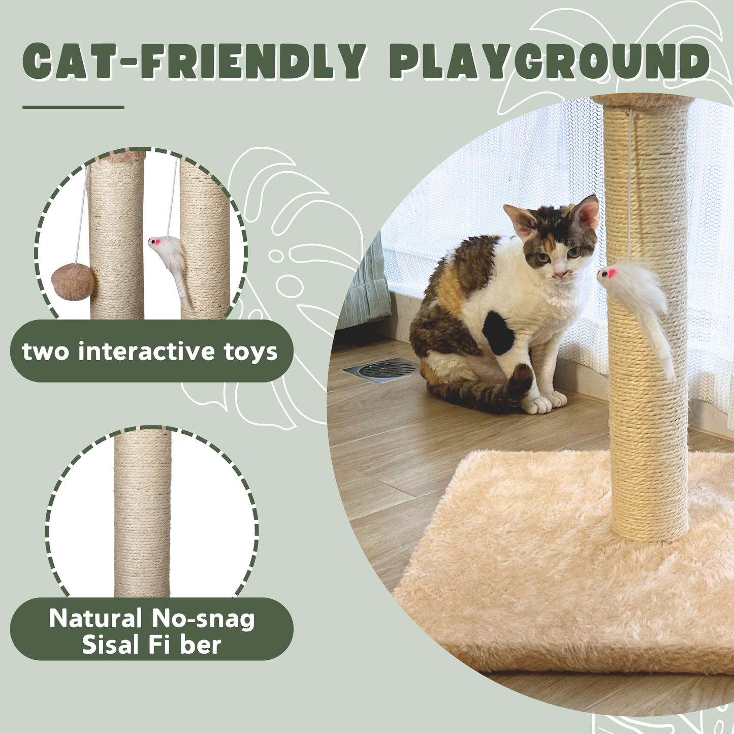 Ultralark Cat Scratching Post – Tall Sisal Scratch Tower with Hanging Ball & Mouse, Sturdy Base for Kittens & Adult Cats （Beige）