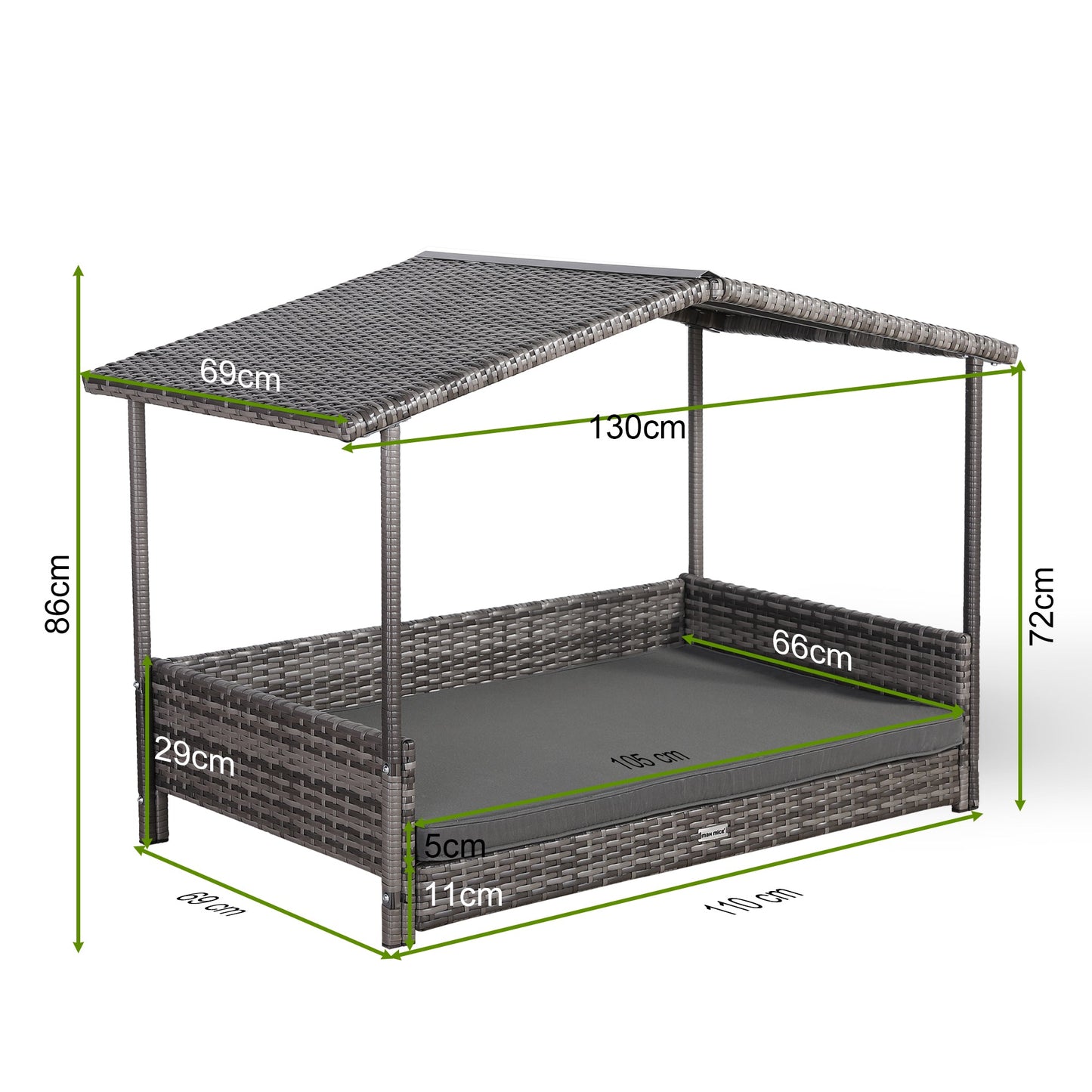 Ultralark Wicker Raised Dog House Raised Rattan Dog Bed for Indoor/Outdoor with Weatherproof Roof and Removable Cushion Lounge in Grey (Large)