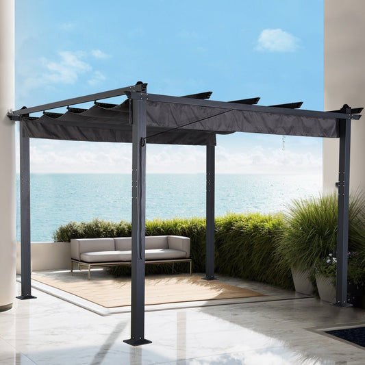 Rattan Park 3 X 4M Aluminium Pergola With Retractable Grey Roof, Large Garden Pergola for BBQ, Outdoor and patio, in Charcoal
