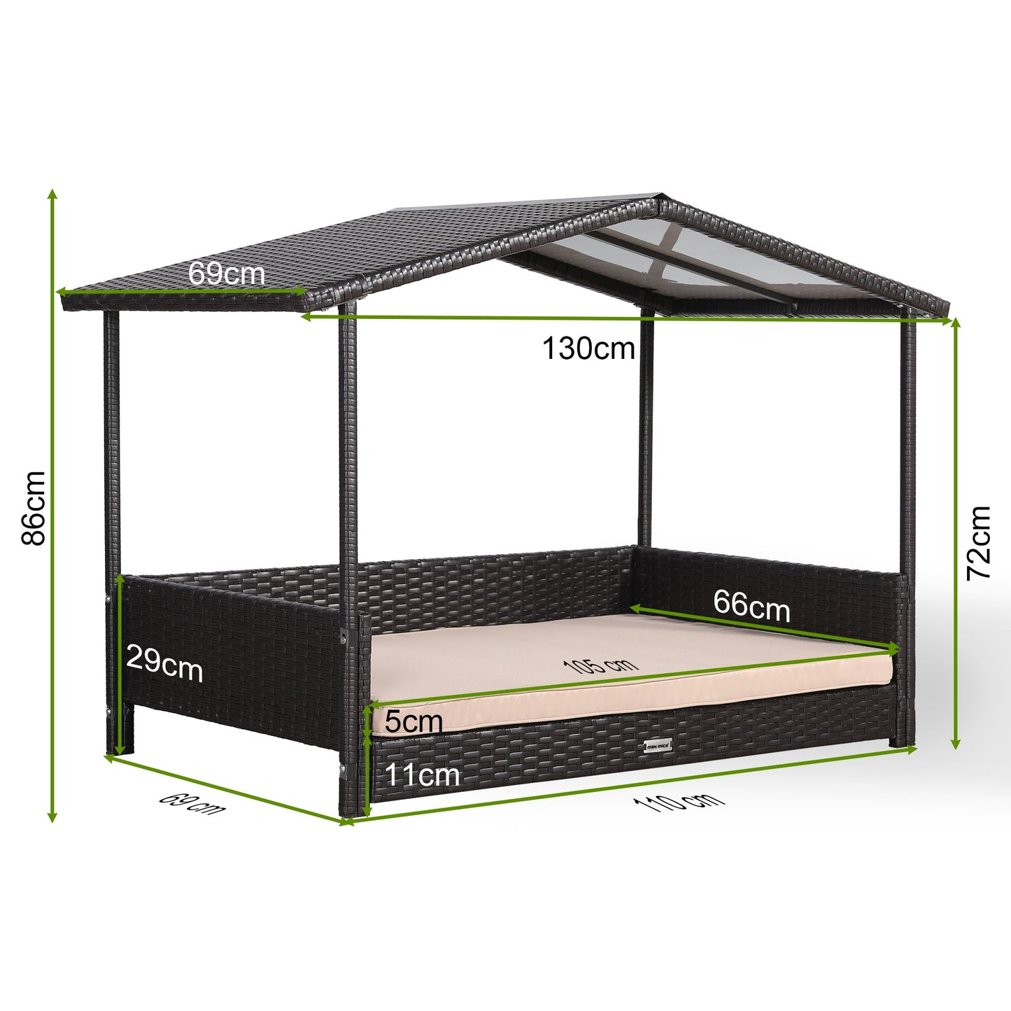 Ultralark Wicker Raised Dog House / Raised Rattan Dog Bed for Indoor/Outdoor with Weatherproof Roof and Removable Cushion Lounge in Brown Weave(Large)