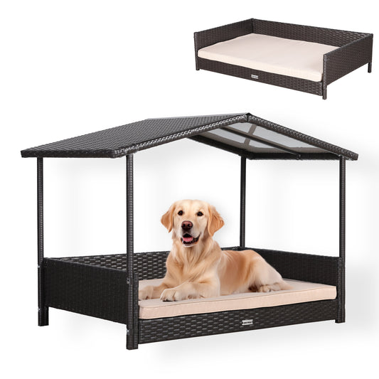 Ultralark Wicker Raised Dog House / Raised Rattan Dog Bed for Indoor/Outdoor with Weatherproof Roof and Removable Cushion Lounge in Brown Weave(Large)