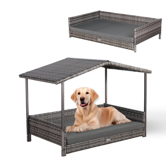 Ultralark Wicker Raised Dog House Raised Rattan Dog Bed for Indoor/Outdoor with Weatherproof Roof and Removable Cushion Lounge in Grey (Large)